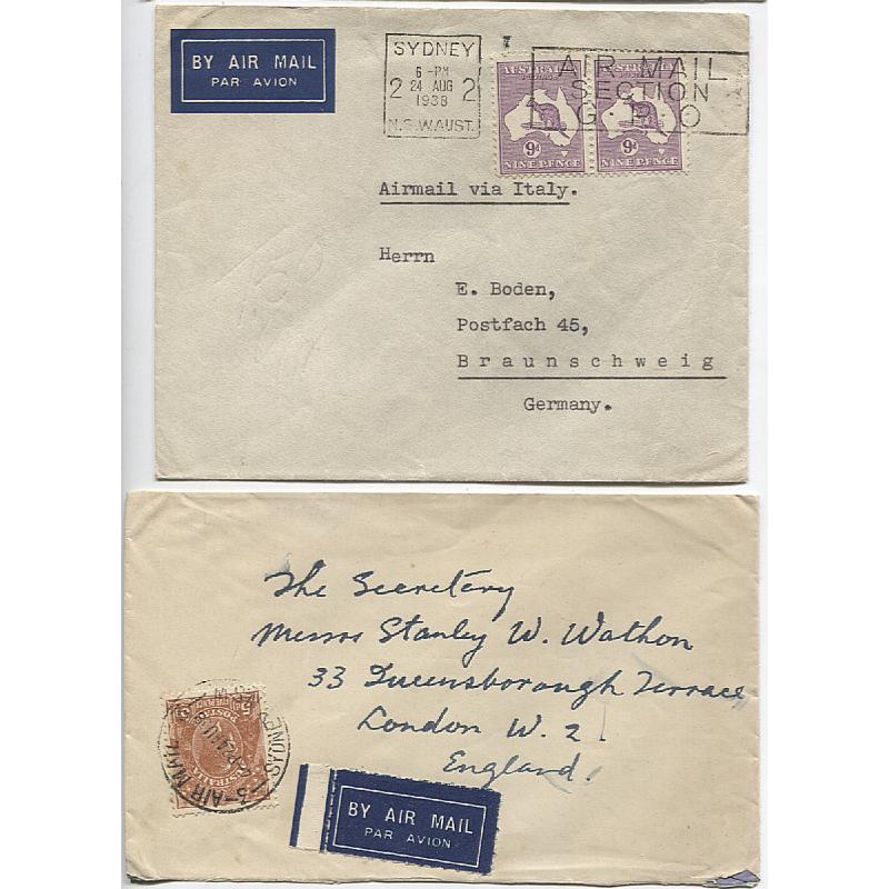 (PP1132) AUSTRALIA · 1938: air mail cover (underpaid) to Germany via Italy and another to G.B. at 'All Up' 5d rate - both items are in an excellent condition ....important: see description for more details