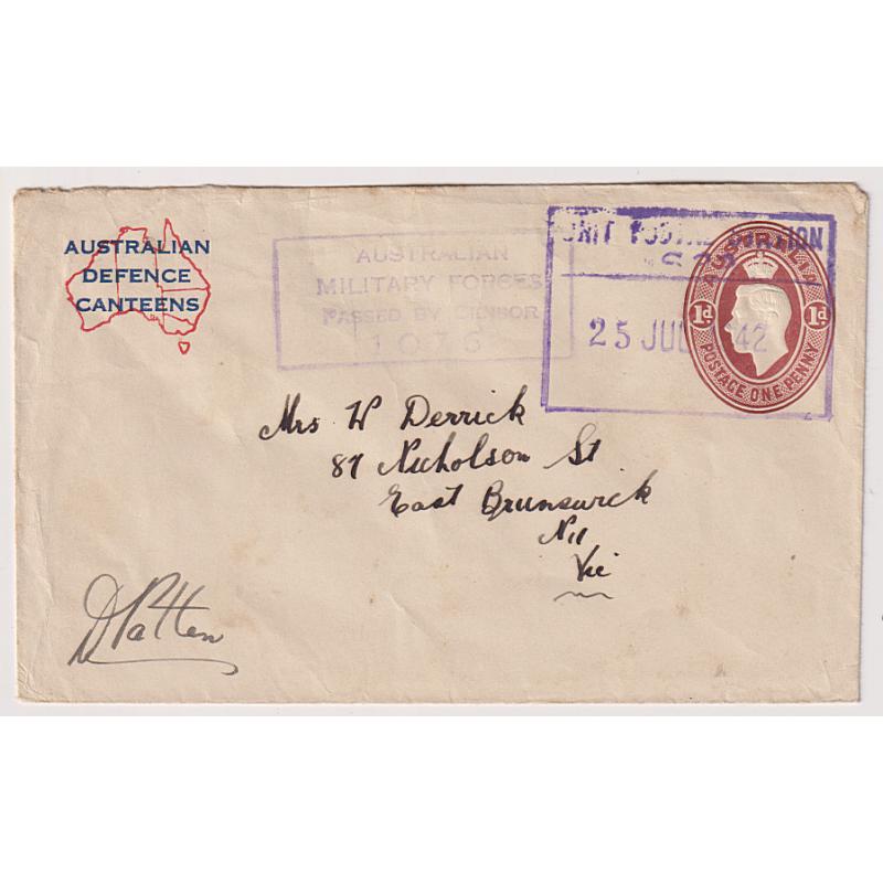 (PP1212) AUSTRALIA · 1942: censored Australian Defence Canteens envelope with 1d brown KGVI indicium bearing a clear strike of UNIT POSTAL STATION S.22 rectangular datestamp which was used in the Ipswich area (not seen by Proud)