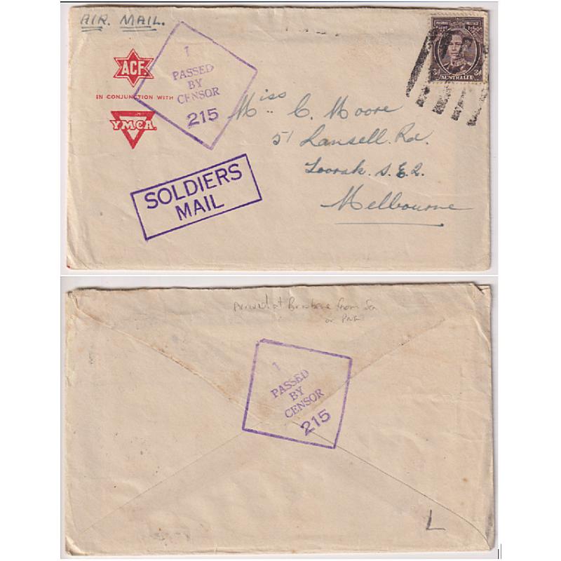 (PP1226) AUSTRALIA · 1940s: inwards letter from serviceman abroad censored/processed on arrival at BRISBANE with censor and rare SOLDIERS MAIL h/stamps · franking tied by security 5 bar obliterator · overall condition is excellent · contains letter