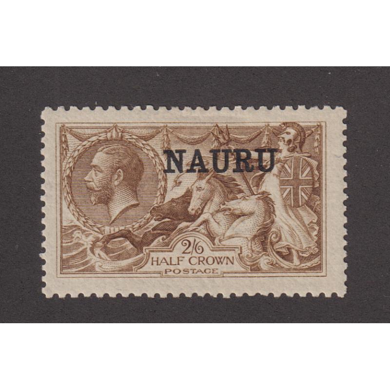 (PR1024) NAURU · 1916: mint 2/6d brown Seahorses (DLR print) optd NAURU SG 21 · a couple of v.minor imperfections but fine appearance from money side · see largest images · excellent colour and reasonable centering · c.v. £80 (2 images)