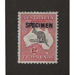 (PR1502) AUSTRALIA · 1918: previously mounted £2 black & rose Roo (3rd Wmk) with Type B SPECIMEN overprint BW 56x · marginal example · nice condition front/back · c.v. AU$600 (2 images)