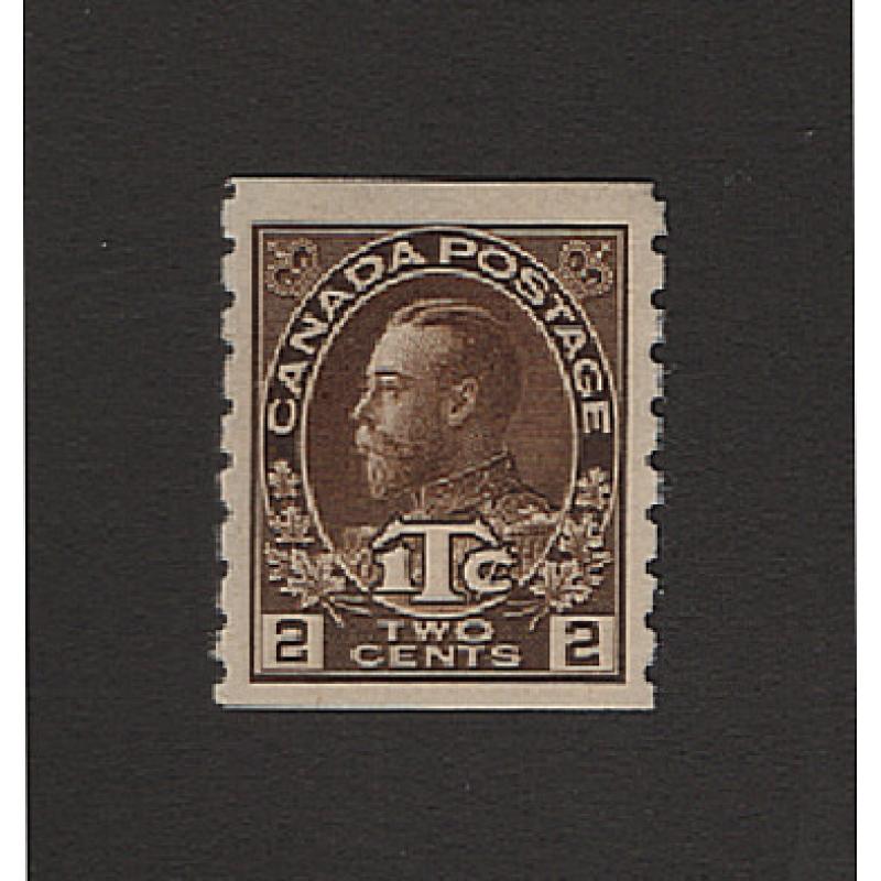 (PR1516) CANADA · 1916: fresh mint Die II 2c + 1c brown KGV War Tax coil stamp (imperf x perf.8) SG 243 · nice condition · c.v. £60 (2 images)
