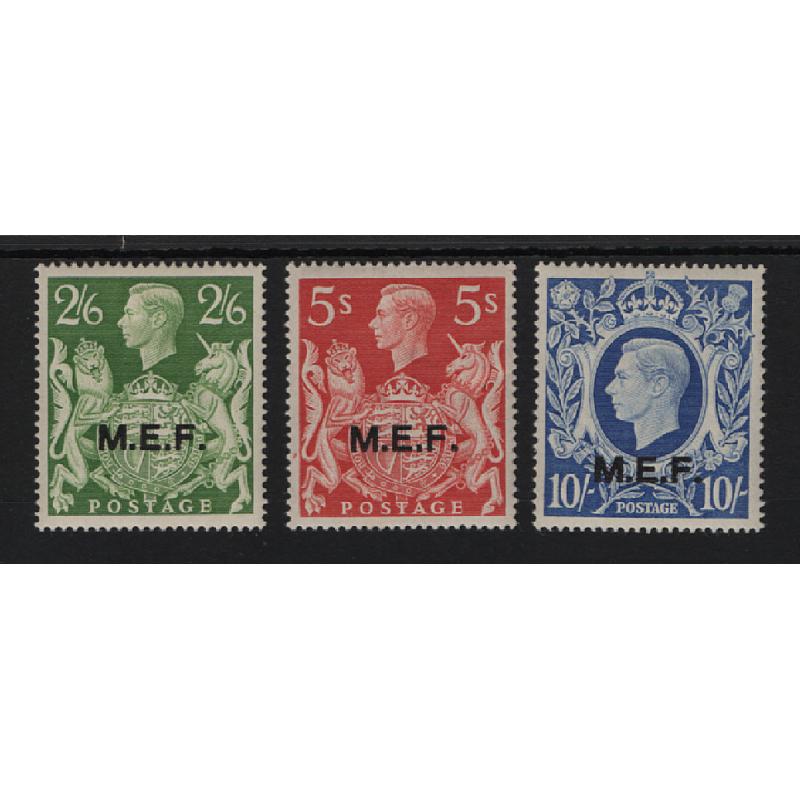 (PR1533) GREAT BRITAIN · MIDDLE EASTERN FORCES · 1943/47: fresh mint overprinted 2/6d, 5/- & 10/- KGVI defins SG M19/21 · clean hinge remnants · all stamps in excellent condition · total c.v. £84 (2 images)