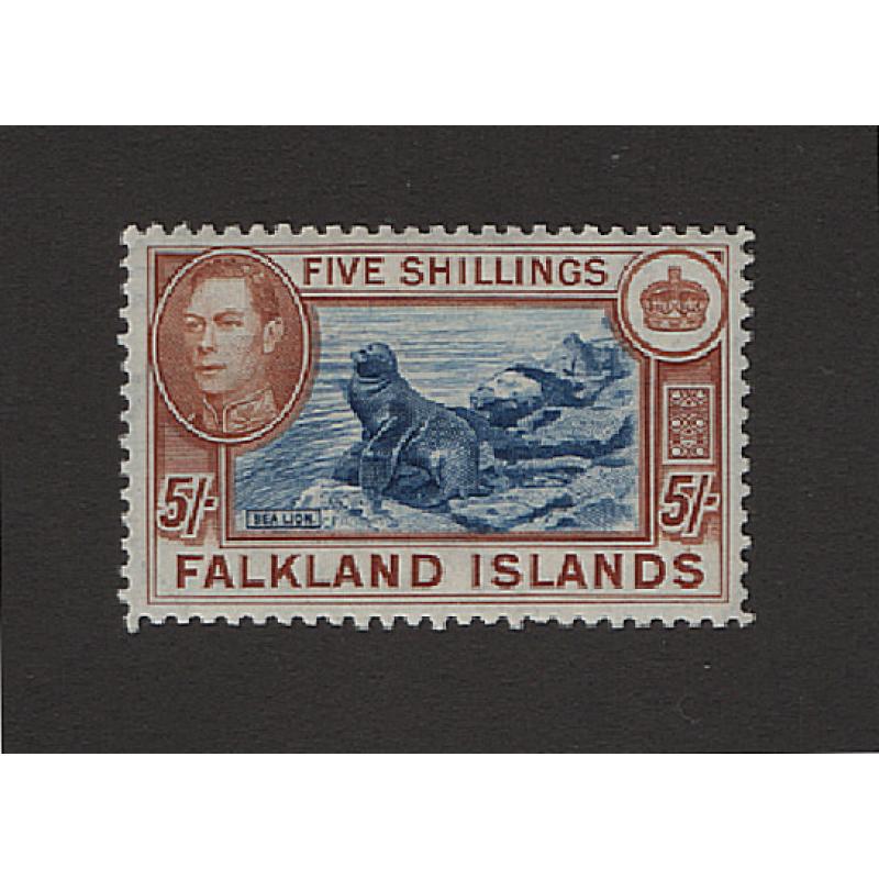(PR1536) FALKLAND ISLANDS · fresh MLH 5/- blue & chestnut KGVI pictorial definitive SG 161 · attractive example · c.v. £150 (2 images)