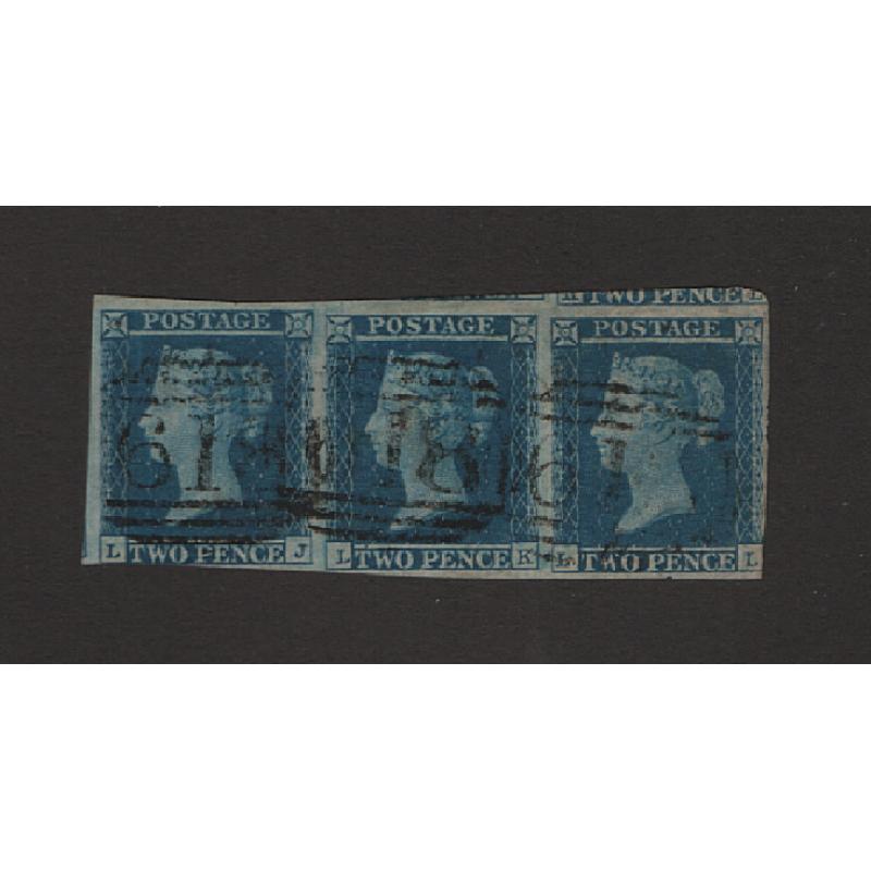 (PR1543) GREAT BRITAIN · 1849: nicely used strip of 3x imperf Plate 4 2d blue QV S/face  SG 14 · margin only breached in 2 places · nice looking multiple with a total c.v. of £270