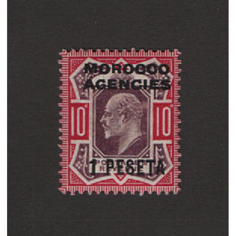 (PR1580) MOROCCO AGENCIES · 1907: very fresh mint 10d dull purple & carmine KEVII defin of G.B. optd MOROCCO AGENCIES and surcharged 1 PESETA in Spanish currency SG 120 · lovely example · c.v. £50 (2 images)