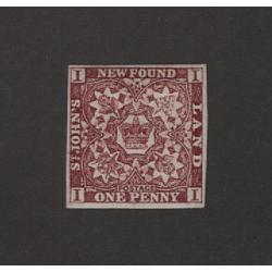 (PR1589) NEWFOUNDLAND · 1857:  fresh mint 1d brown-purple Crown/Flowers with 4 margins SG 1 · excellent gum quality and appearance · c.v. £160 (2 images)