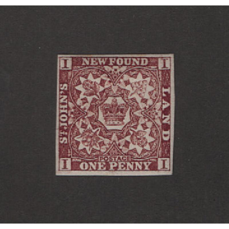 (PR1589) NEWFOUNDLAND · 1857:  fresh mint 1d brown-purple Crown/Flowers with 4 margins SG 1 · excellent gum quality and appearance · c.v. £160 (2 images)
