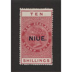 (PR1592) NIUE · 1927: fresh MLH 10/- brown-red QV Long Stamp of NZ (Cowan paper) optd NIUE SG 37b · fine condition · c.v. £95 (2 images)