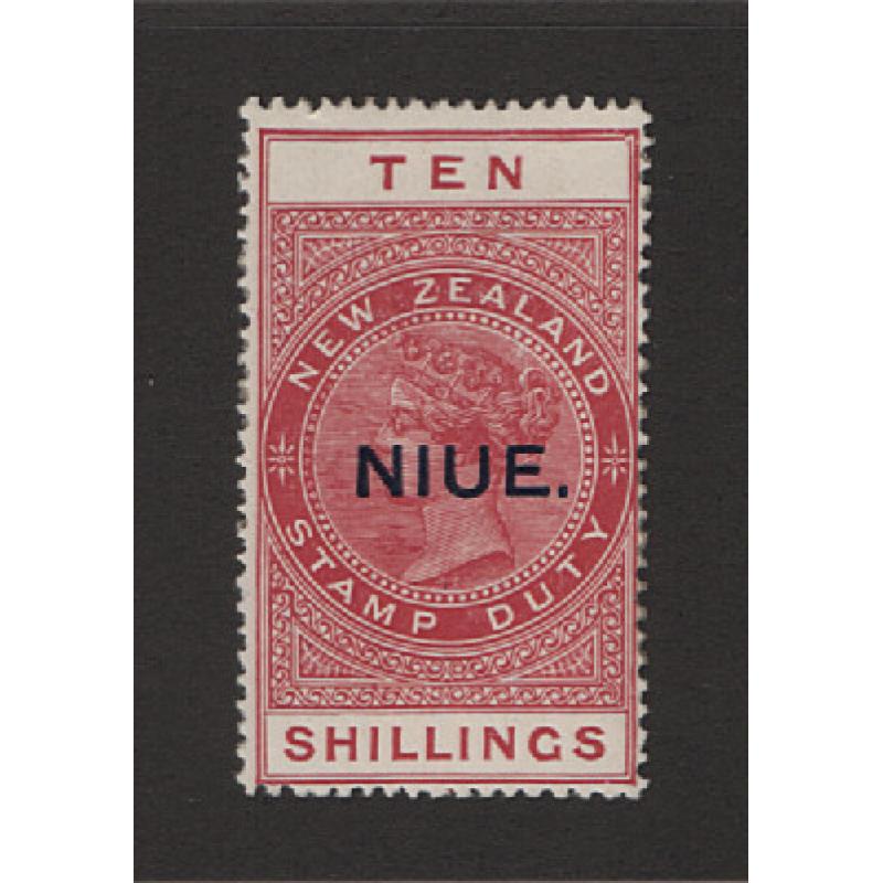 (PR1592) NIUE · 1927: fresh MLH 10/- brown-red QV Long Stamp of NZ (Cowan paper) optd NIUE SG 37b · fine condition · c.v. £95 (2 images)