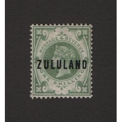 (PR1603) ZULULAND · 1892: MLH 1/- dull green QV of G.B. optd ZULULAND SG 10 · pencilled annotation on verso o/wise in fine condition · c.v. £150 (2 images)