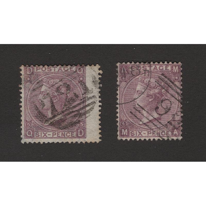 (PR1622) GREAT BRITAIN · 1865: well used 6d lilac QV surface prints (with hyphen & large letters) from Plates 5 & 6 SG 97 · total c.v. £390 (2 images)