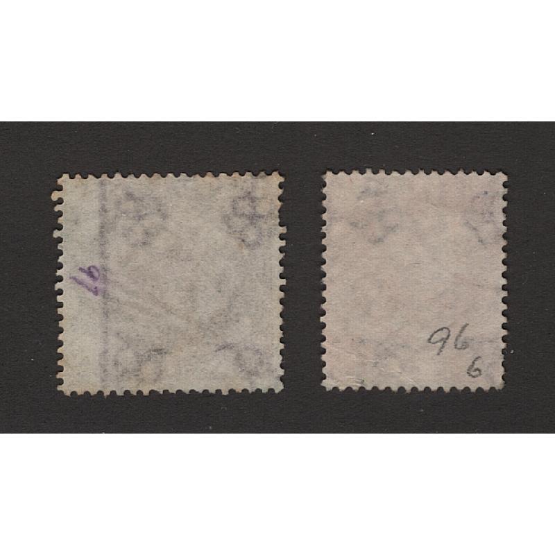 (PR1622) GREAT BRITAIN · 1865: well used 6d lilac QV surface prints (with hyphen & large letters) from Plates 5 & 6 SG 97 · total c.v. £390 (2 images)