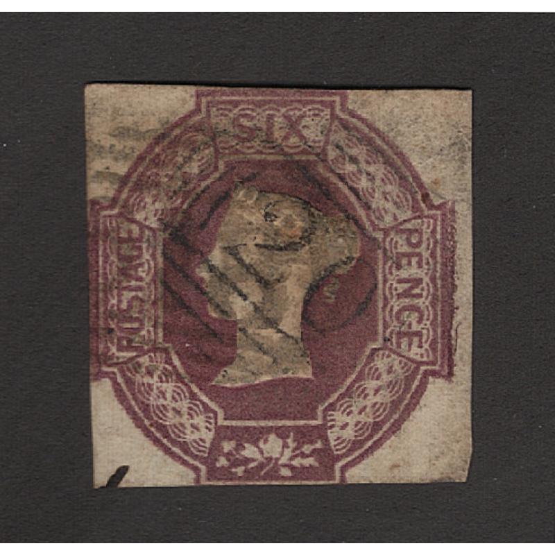 (PR1625) GREAT BRITAIN · 1854: lightly used embossed 6d dull lilac QV SG 59 · one clear margin but overall quite a collectable example · c.v. £1000 (2 images)