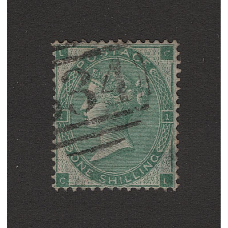 (PR1627) GREAT BRITAIN · 1862: neatly used 1/- deep green QV surface print (small corner letter) SG 89 in excellent condition front & back · c.v. £500 (2 images)
