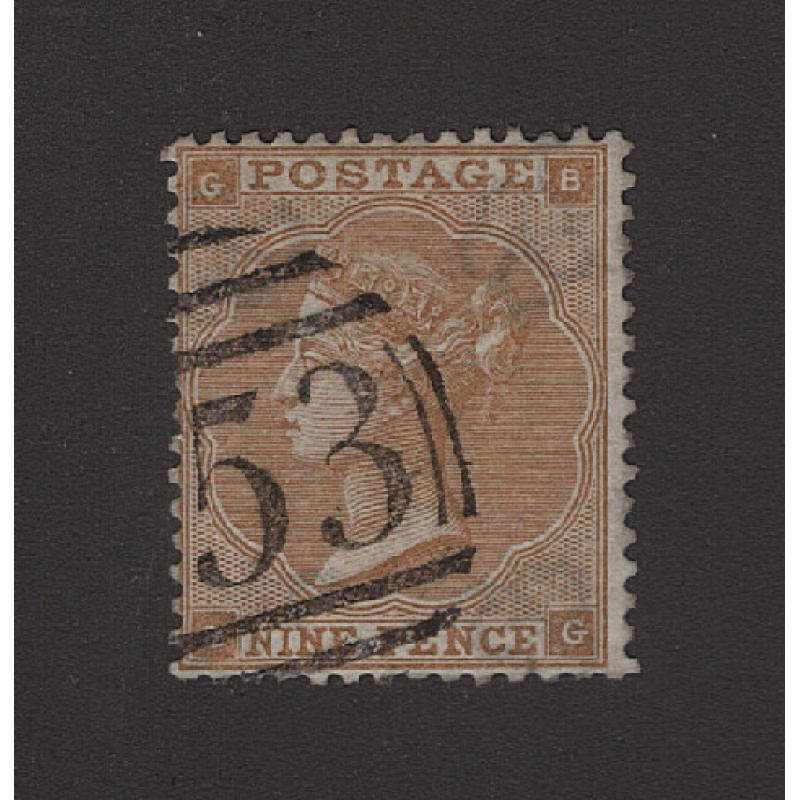 (PR1628) GREAT BRITAIN · 1862: neatly used 9d bistre QV surface print (small letters) SG 86 · excellent condition front & back · c.v. £575 (2 images)