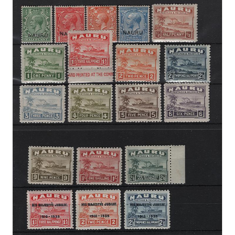 (PR1636) NAURU · 1916/35: KGV era mint oddments to 2/6d · all Ships are on shiny white paper · several minor imperfections o/wise condition is excellent to fine · total c.v. £150 · 19 stamps (2 images)