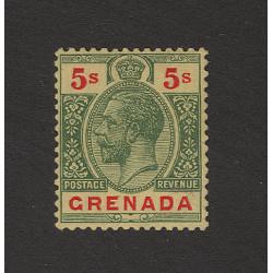 (PR1637) GRENADA · 1913: mint 10/- 5/- green & red on yellow KGV defin SG 100 · small hinge remnant · excellent condition · c.v. £20 (2 images)