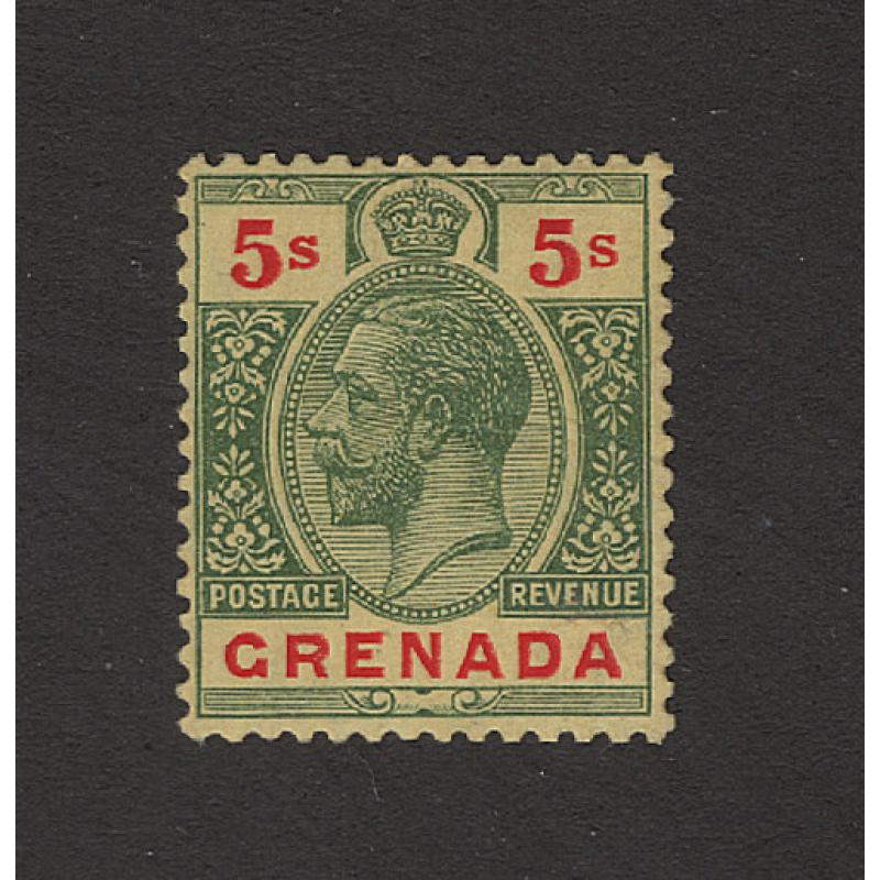(PR1637) GRENADA · 1913: mint 10/- 5/- green & red on yellow KGV defin SG 100 · small hinge remnant · excellent condition · c.v. £20 (2 images)