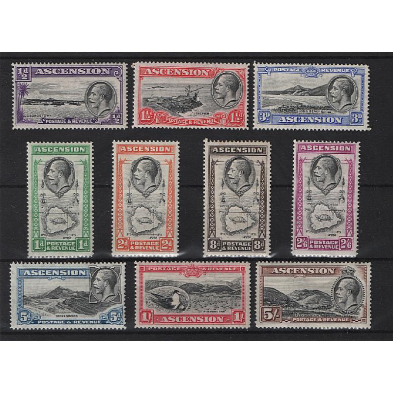 (PR1654) ASCENSION · 1934: KGV pictorial definitive set SG 21/30 in M/MLH condition · 8d has some toned perfs and the 1/- has lightly toned gum o/wise condition is excellent · c.v. £130 (2 images)