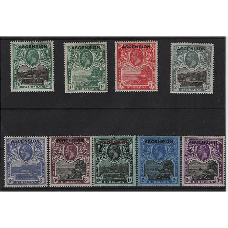 (PR1655) ASCENSION · 1922: overprinted KGV pictorial defins of St Helena · all mint SG 1/9 · ½d vaue has a couple of toned perfs o/wise condition is VG to F · c.v. £325 (2 images)