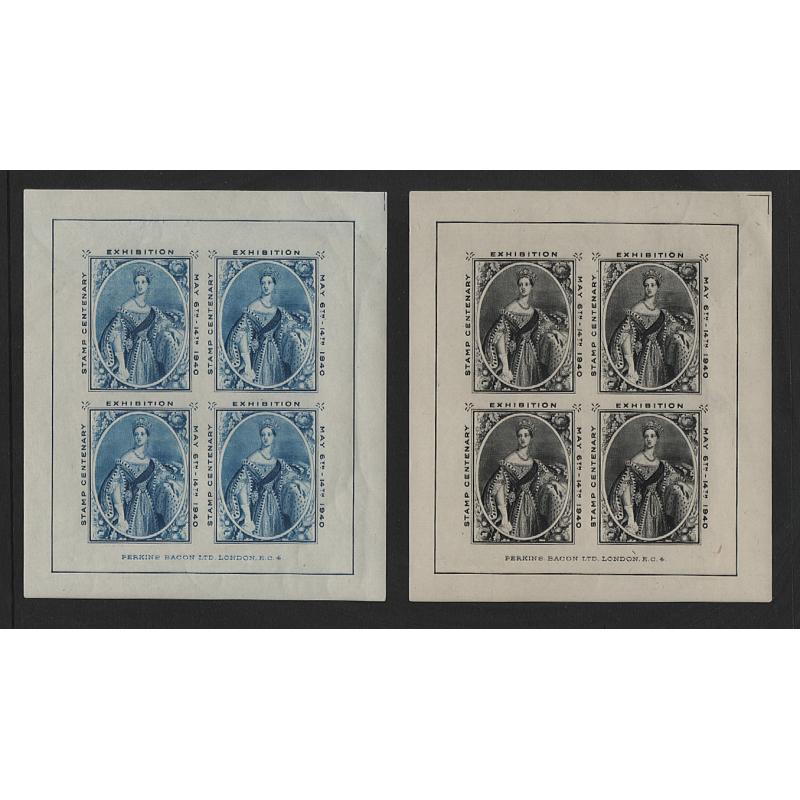 (PR1661) GREAT BRITAIN · 1940: souvenir sheets blue and black) by Perkins Bacon Ltd. for distribution at the Stamp Centenary Exhibition, London in May 6th-14th · very fresh MLH condition · quite unusual for these cinderellas in my experience (2 images)