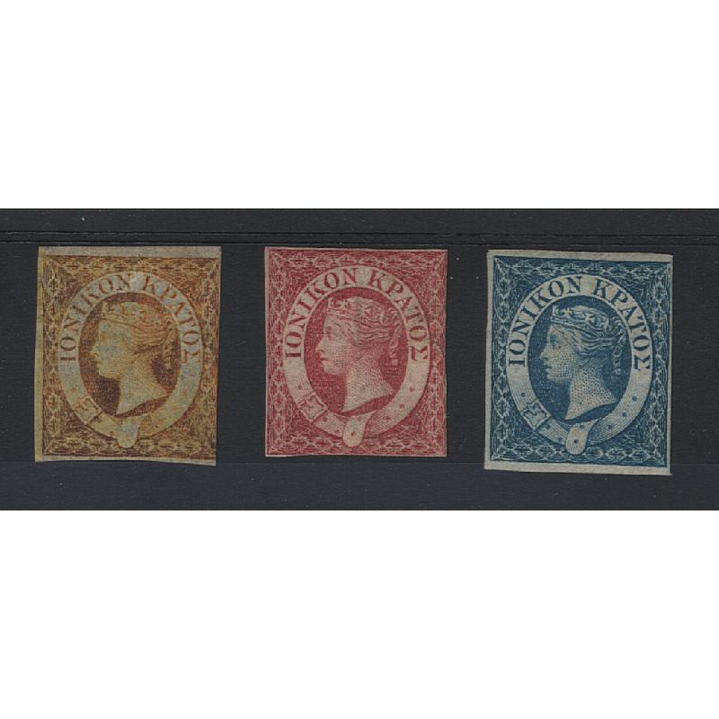 (PR1662) IONIAN ISLANDS · 1859: unused ½d orange (3 mgns), 1d blue (4 mgns) and 2d carmine (2 mgn) QV SG 1/3 · presence of original gum varies so please view both large images · c.v. £230 · buy a COMPLETE COUNTRY for under $100 (2 images)