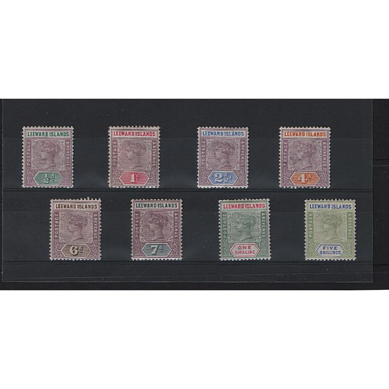 (PR1668) LEEWARD ISLANDS · 1890: complete mint QV Key Plate issue SG 1/8 · some imperfections so please see the full description and both largest images · c.v. £190 (8)
