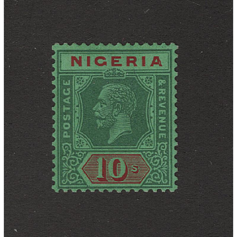 (PR1670) NIGERIA · 1925: mint Die 2 10/- green & red on green KGV defin SG 29 in excellent condition · c.v. £75 (2 images)