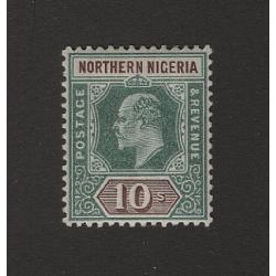 (PR1671) NORTHERN NIGERIA · 1902: MVLH 10/- green & brown KEVII defin (Crown/CA wmk) SG 18 · a very nice example · c.v. £75 (2 images)