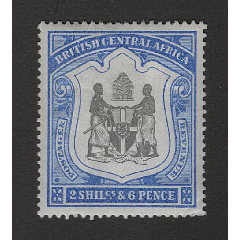 (PR1672) BRITISH CENTRAL AFRICA · 1897: mint 2/6d black & ultra Arms SG 48 · tiny gum thin and a crease in the SE cnr however the overall appearance is attractive · c.v. £120 (2 images)