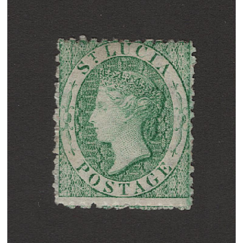 (PR1676) ST LUCIA · 1863: mint (6d) emerald-green QV sideface (Crown CC wmk · perf.12½) SG 8 · minor gum staining from hinge across perf tips o/wise fresh · see both largest images · c.v. £225