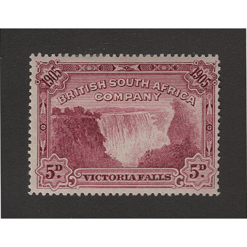(PR1680) BRITISH SOUTH AFRICA COMPANY · 1905: fresh mint 5d claret Victoria Falls perf.14½-15 SG 96 · clean hinge remnant · nice condition front and gum-side · c.v. £45 (2 images)