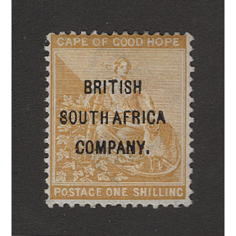 (PR1681) BRITISH SOUTH AFRICA COMPANY · 1896: overprinted mint 1/- yellow-ochre seated "Hope" SG 64 · clean hinge remnant · fresh appearance · c.v. £150 (2 images)