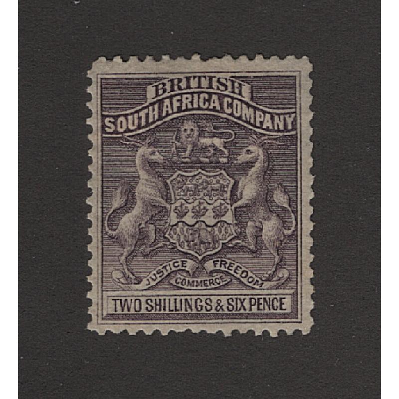 (PR1683) BRITISH SOUTH AFRICA COMPANY · 1892: hinged mint 2/6d grey-purple Arms SG 6 · nice appearance · c.v. £55 (2 images)