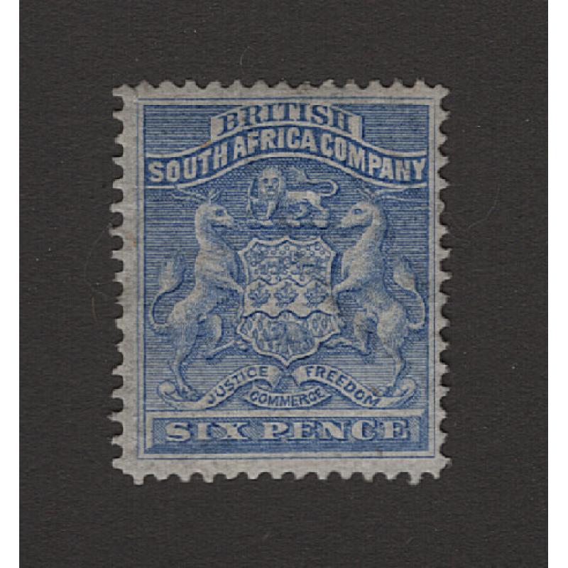 (PR1685) BRITISH SOUTH AFRICA COMPANY · 1893: nice mint 6d deep-blue Arms SG 3 in nice condition (2 images)
