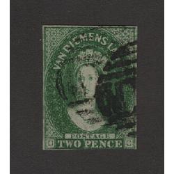 (PR1688) TASMANIA · 1855: used 2d green QV Chalon (Star Wmk) SG 16 · 3 clear margins with the 4th "just touching" · a very collectable example · c.v. £450 (2 images)