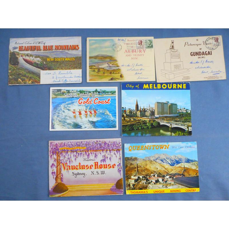 (PT1030L)  AUSTRALIA · 1950s/60s: 7 View Folders from the era (4 postally used to TAS) · includes Gold Coast, Gundagai, Queesnstown, Vaucluse House, etc. · excellent condition throughout · see large image (7)