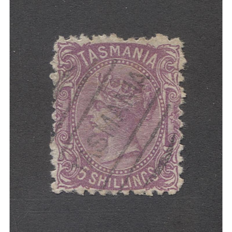 (PY10010) TASMANIA · 1890s: postally used 5/- mauve QV S/face perf.11½ SG 149b · some roughly cut perfs · a very collectable example · c.v. £80 (2 images)