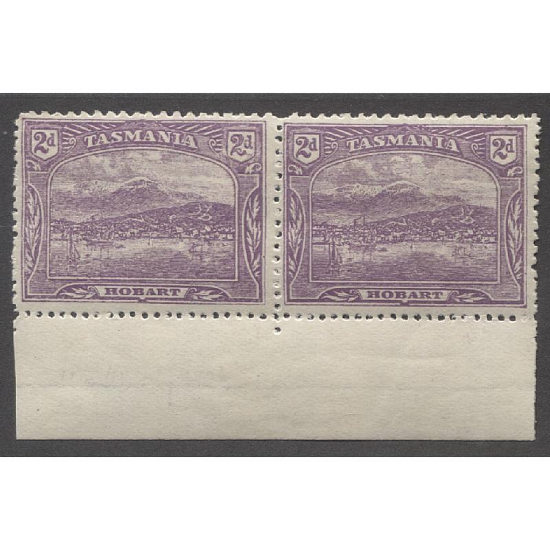 (PY10012) TASMANIA · 1911: mint marginal pair of 2d bright-violet Pictorials (Crown/A wmk) with COMPOUND PERFS  12½ + 11 (top) · excellent gum, nice appearance · total c.v. £260 (2 images)