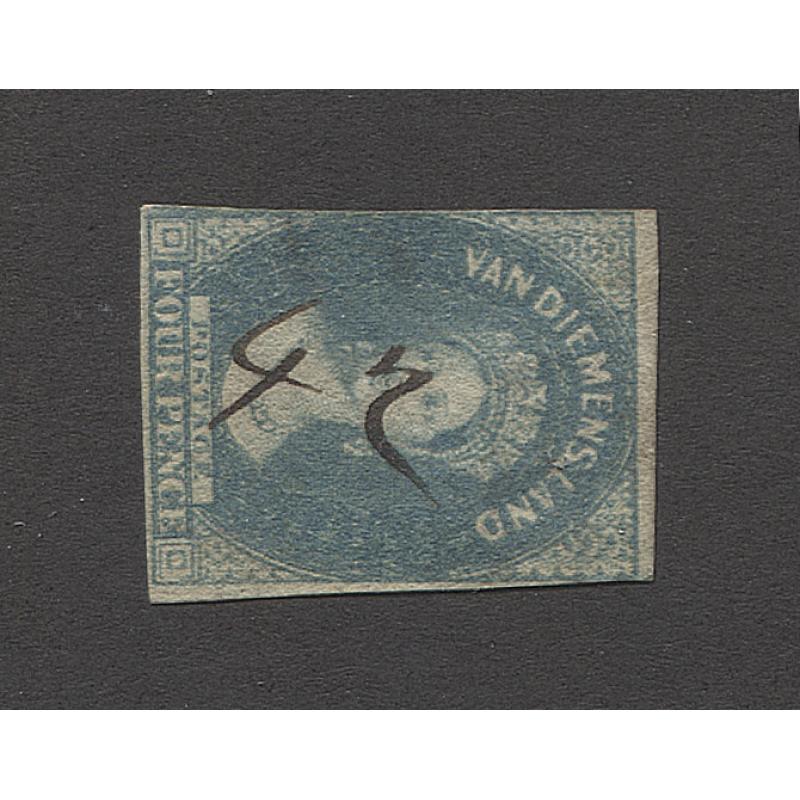 (PY10015) TASMANIA · numeral cancel '42' in manuscript applied at MACQUARIE RIVER on an imperf 4d QV Chalon · postmark is rated R