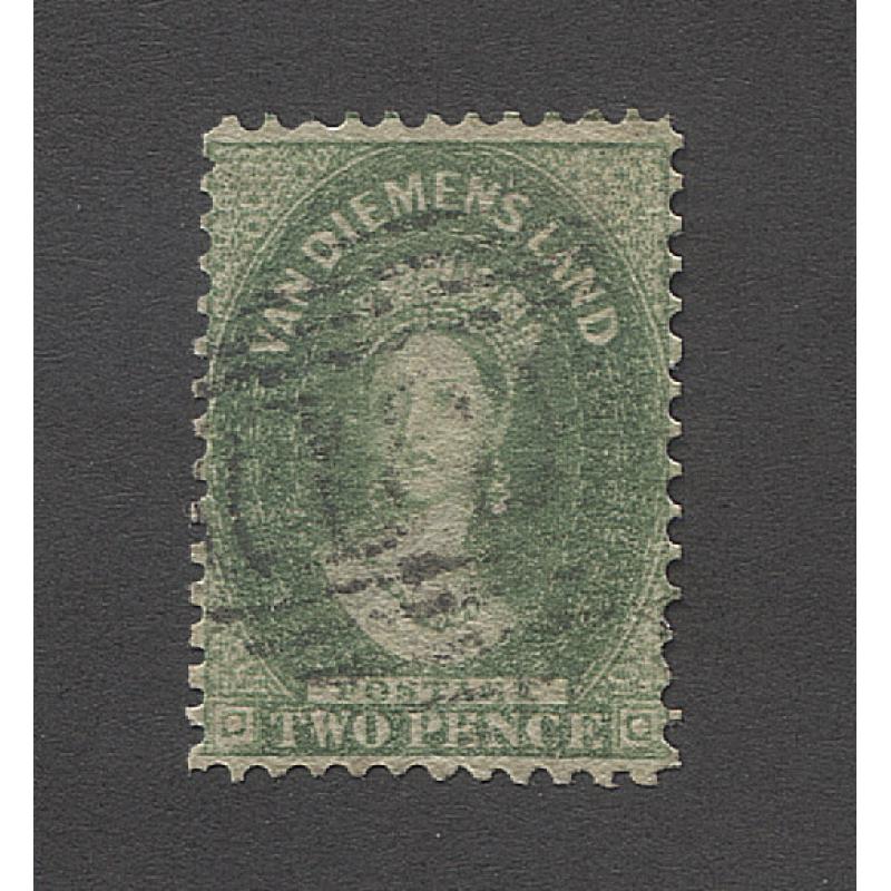 (PY10016) TASMANIA · 1865/71: finely used 2d yellow-green QV Chalon perf.12 SG 71 · c.v. £110 (2 images)