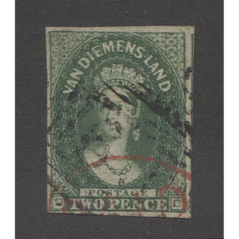 (PY10027) TASMANIA · 1855: nicely used imperf 2d green QV Chalon (Star Wmk) SG 16 with four close to very large margins · c.v. £450 (2 images)