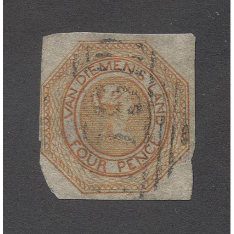 (PY10029) TASMANIA · 1853: Plate II 4d orange Courier (2nd State) SG10 with 4 margins, very close on left side · see full description · c.v. £425 (2 images) · cancelled with BN59 at Launceston · c.v. for a 4 margin example £450 (2 images)