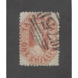 (PY10031) TASMANIA · 1864/68: 1/- vermilion QV Chalon perf.12½ SG 90 with a FORGED strike of BN75 (Hobart) · useful reference (2 images)