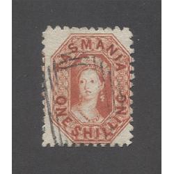 (PY10033) TASMANIA · 1864/69: finely used 1/- vermilion QV Chalon perf.10 SG 68 · lovely condition and colour · c.v. £65 (2 images)