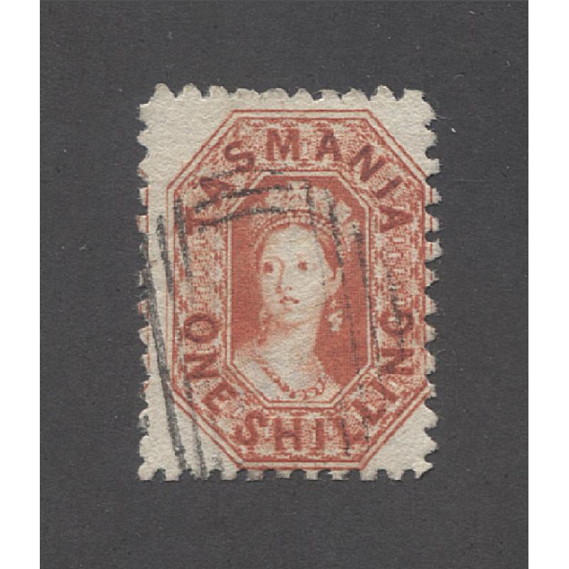 (PY10033) TASMANIA · 1864/69: finely used 1/- vermilion QV Chalon perf.10 SG 68 · lovely condition and colour · c.v. £65 (2 images)