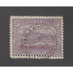 (PY10043) TASMANIA · 1912: nicely used ONE PENNY surchd 2d bright violet Pictorial perf.11 with extra row of base perfs · only perf. 12.4 listed in BW · fine condition (2 images)