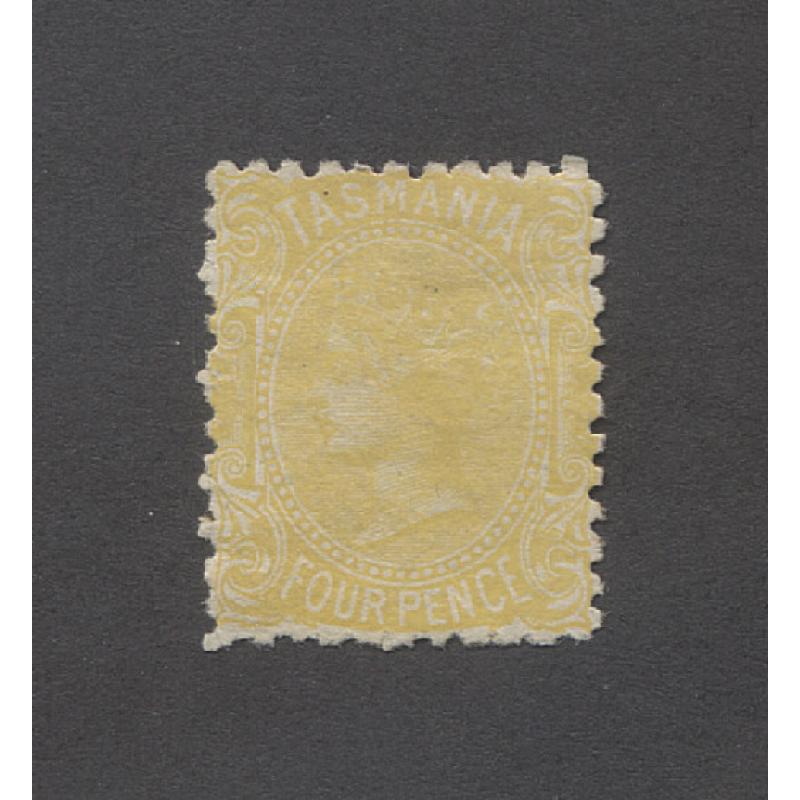 (PY10044) TASMANIA · 1880: mint 4d deep yellow QV S/face perf.12 SG 166 · some hinge remnants however much of the original gum is visible · nice looking example · c.v. £140 (2 images)