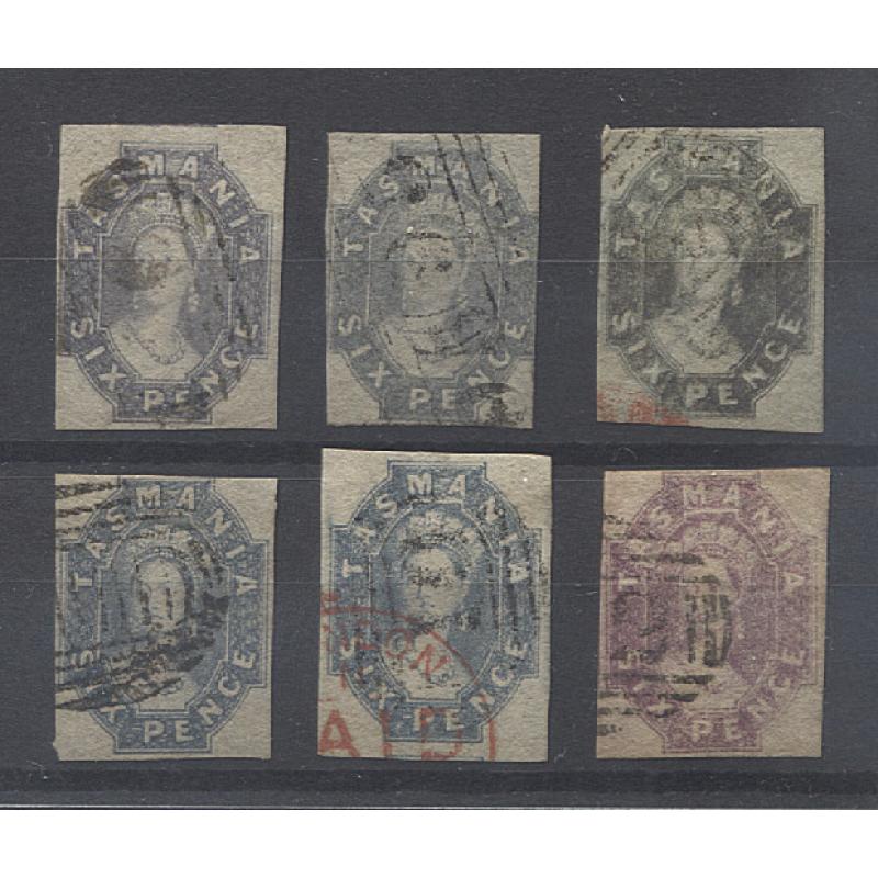 (PY15000) TASMANIA · 1860/67: small assembly of used imperf 6d QV Chalons SG 44/49 · mostly 4 margins with a range of shades noted · total c.v. £550 (6)